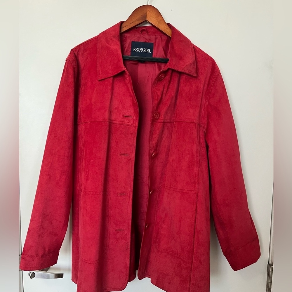 Vintage Bernardo red suede leather button up collared jacket coat